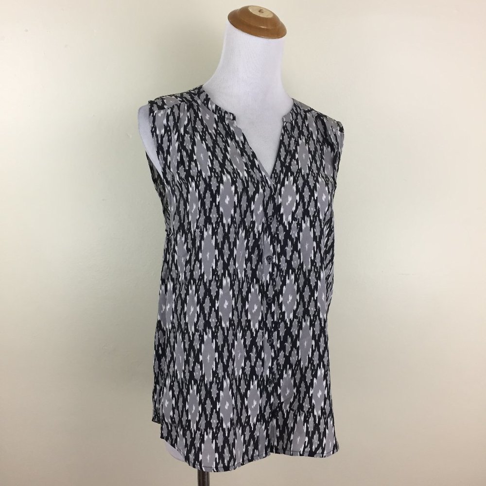 JOIE Black Gray White Print 100% Silk Cut V Neck Sleeveless Top